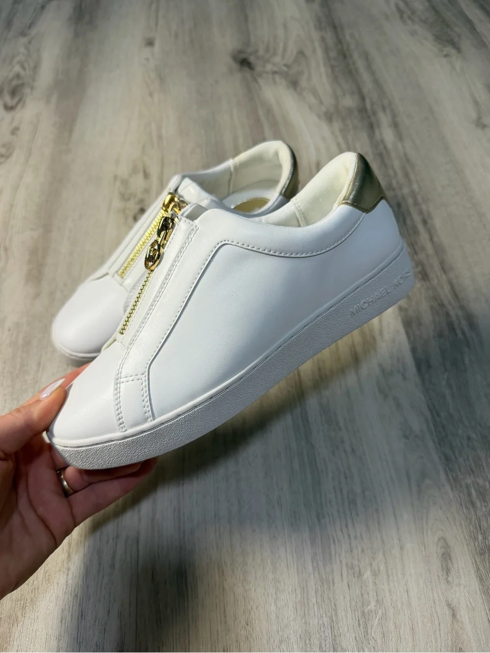 Michael Kors White Leather Zip-Front Sneakers with Gold Hardware